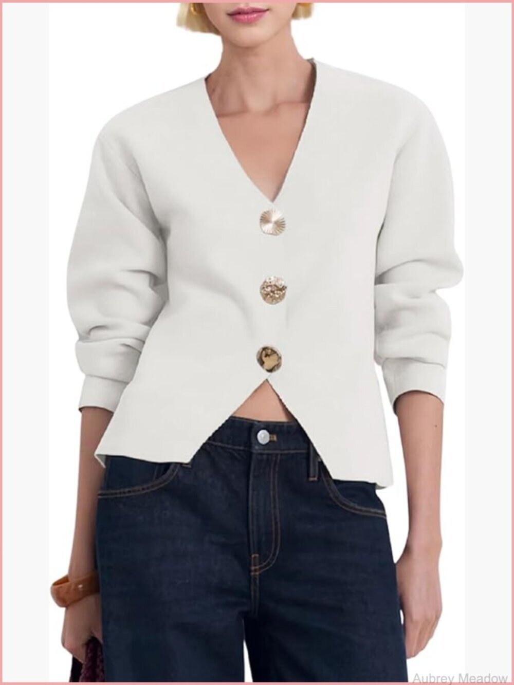 Cropped V-Neck Cardigan with Gold Buttons - Long Sleeve Knit Top